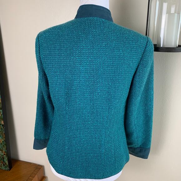 Coldwater Creek Sz 8P Jacket Blazer Teal Blue Tweed Faux Suede Trim Button Front - Picture 3 of 11